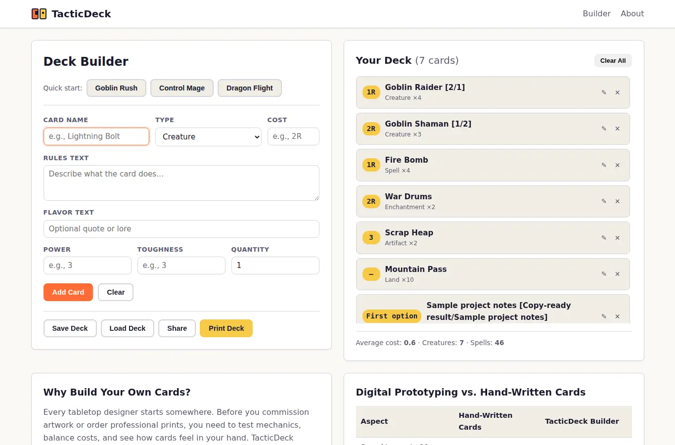 Screenshot of TacticDeck Builder interface showing the project page in use